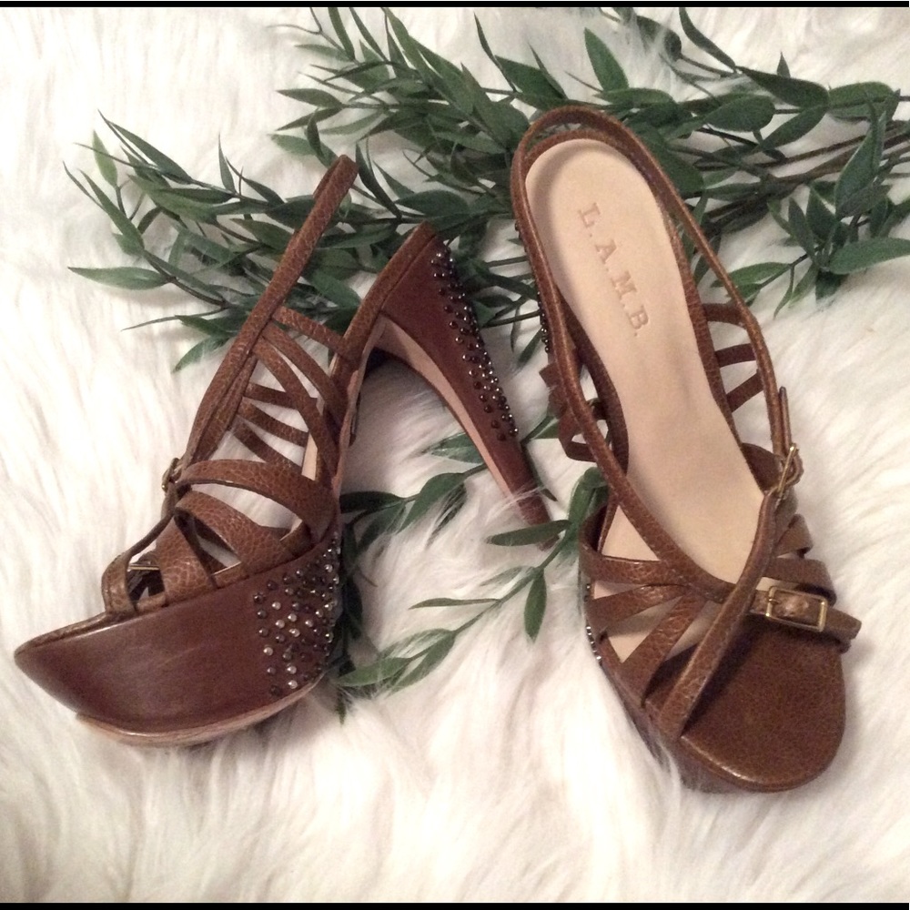 L.A.M.B. 4” Tan Strappy Heels Size 7 1/2